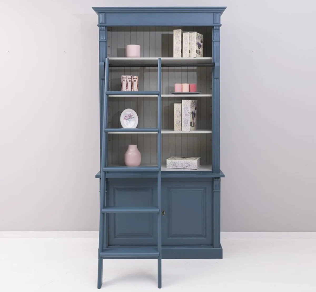 Country house style bookcase with ladder steel blue / gray