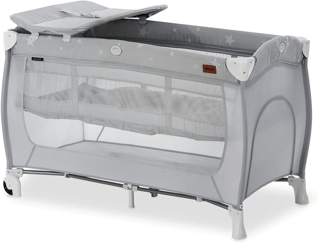 Hauck Cuna Viaje Bebe Sleep N Play Center, desde el Nacimiento hasta 15 kg, Parque Cuna, 120x60 cm, Cuna Viaje Doble Altura, Cambiador, con Ruedas, Plegable, Entrada Lateral, Compacta, Stars, Gris
