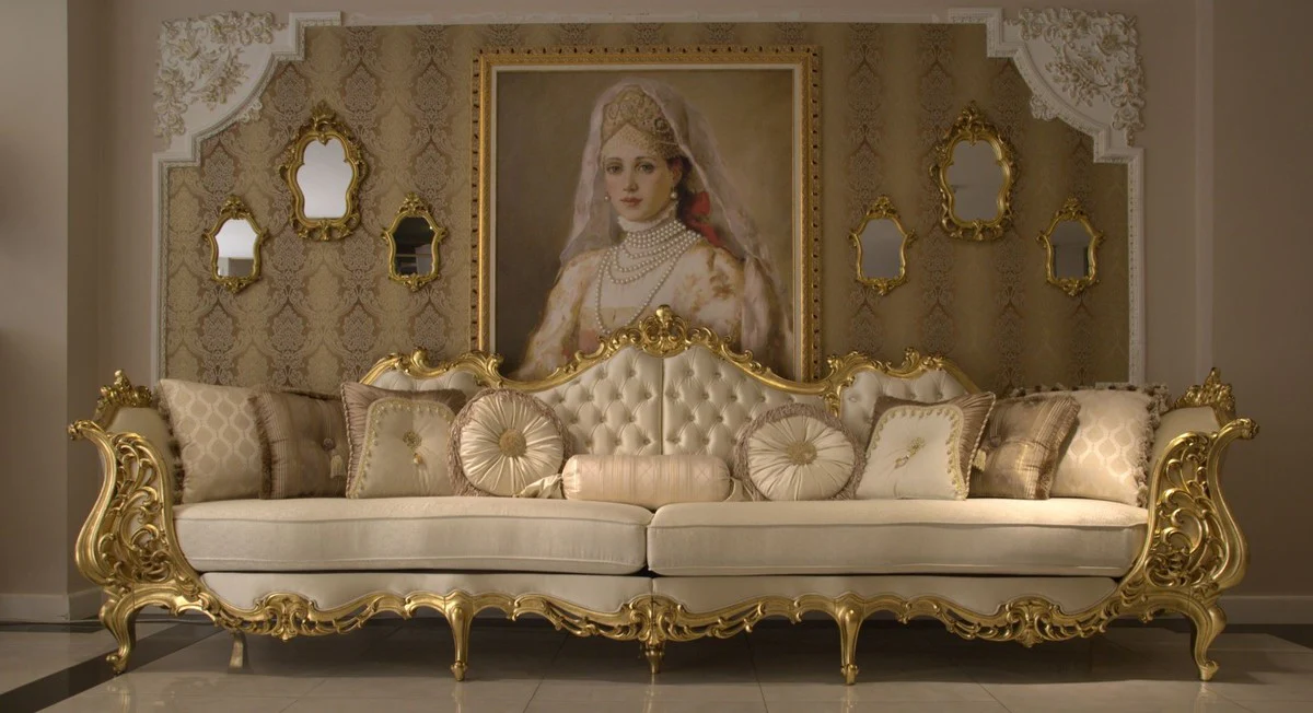 Luxury baroque living room sofa cream / gold 360 x 100 x H. 115 cm - Magnificent sofa in baroque style - Noble baroque living room furniture