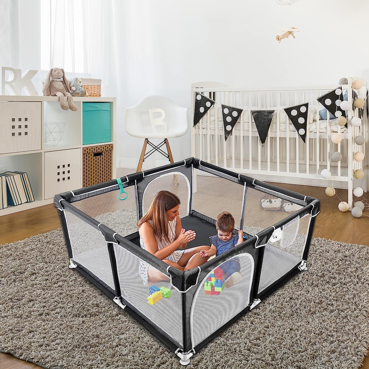 Baby-Laufstall, 127 x 127 cm, Pack N Play, Laufstall, Babygitter, Kinderaktivitätscenter, Laufstall für Babys und Kleinkinder, für drinnen und draußen (schwarz)