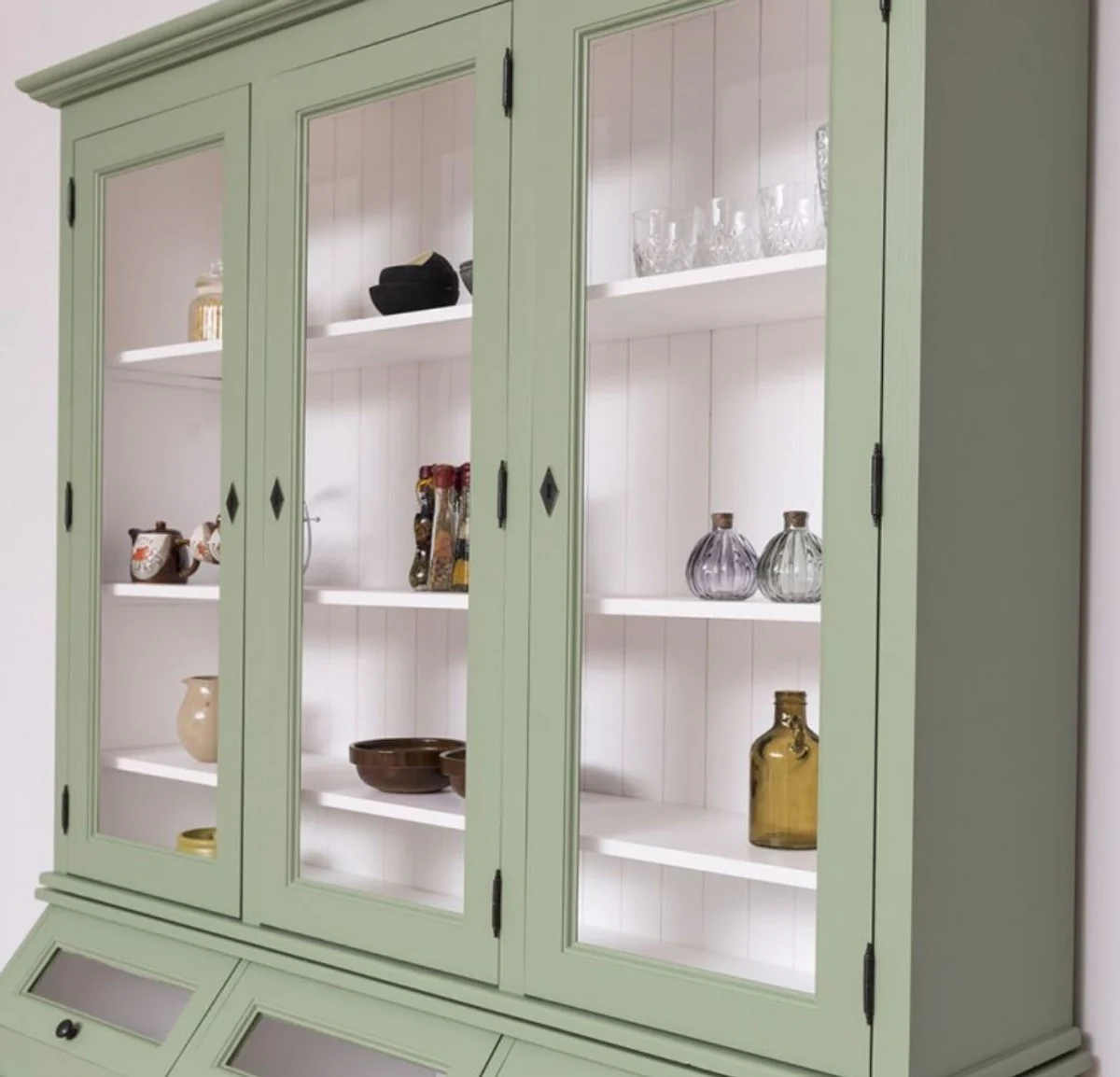 Country house style kitchen cabinet light green / white 164 x 50 x H. 226 cm - 2-piece solid wood dining room cabinet - country house style dining room furniture