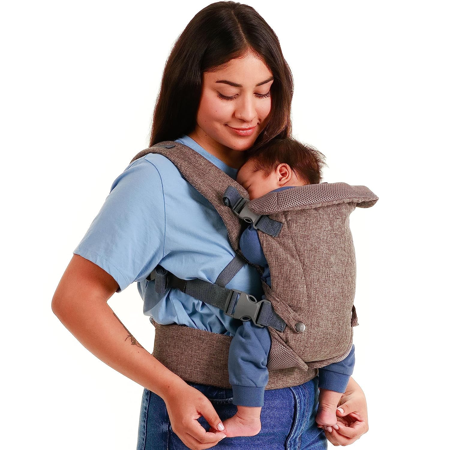 4-in-1-Babytrage für Neugeborene bis Kleinkinder – Baby-Brusttrage in allen Positionen – Babytragen vorne und hinten – inklusive 2-in-1-Bandana-Lätzchen – Babytrage für 3,6–15,6 kg (graues Netz)