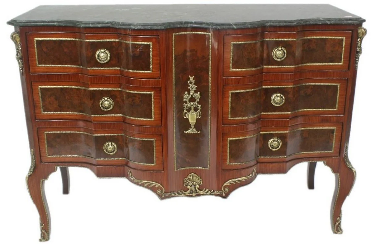 Baroque chest of drawers brown / gold / green 130 x 50 x H. 90 cm - Handcrafted solid wood chest of drawers with 6 drawers and marble top - Baroque furniture