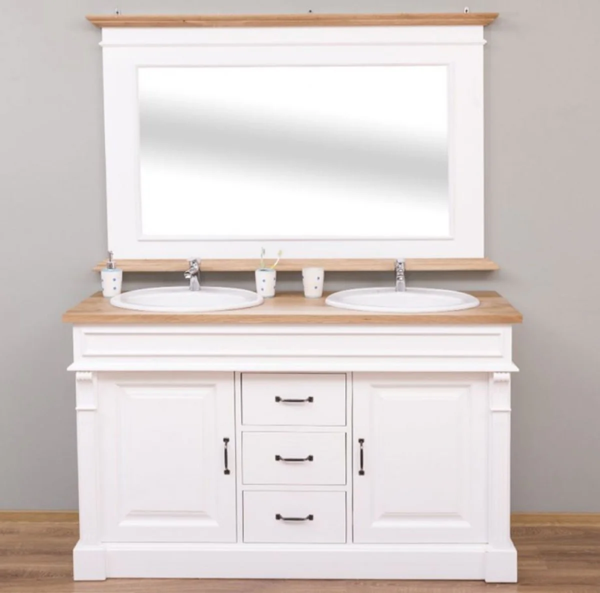 Country house style bathroom set white / natural colors - 1 double washbasin & 1 wall mirror - solid wood bathroom furniture in country house style