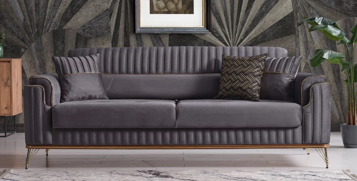 Luxury sofa bed dark gray / brown / gold 228 x 94 x H. 88 cm - living room sofa with 3 cushions - luxury living room furniture