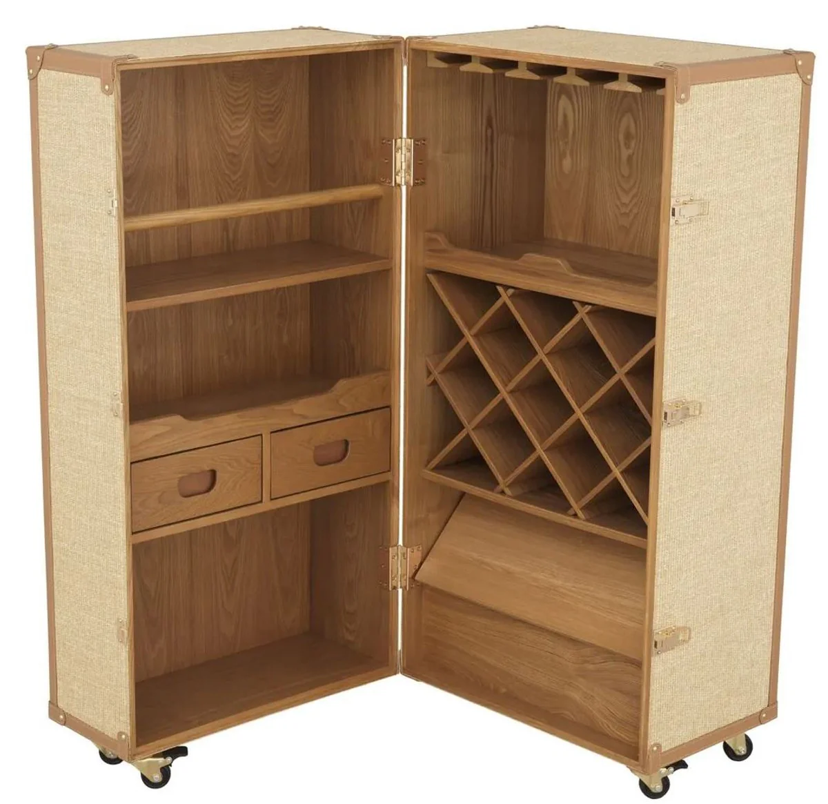 Luxury wine cabinet in suitcase design natural colors / brown 59 x 59 x H. 122.5 cm - suitcase cabinet with wheels - bar furniture - luxury furniture - luxury quality