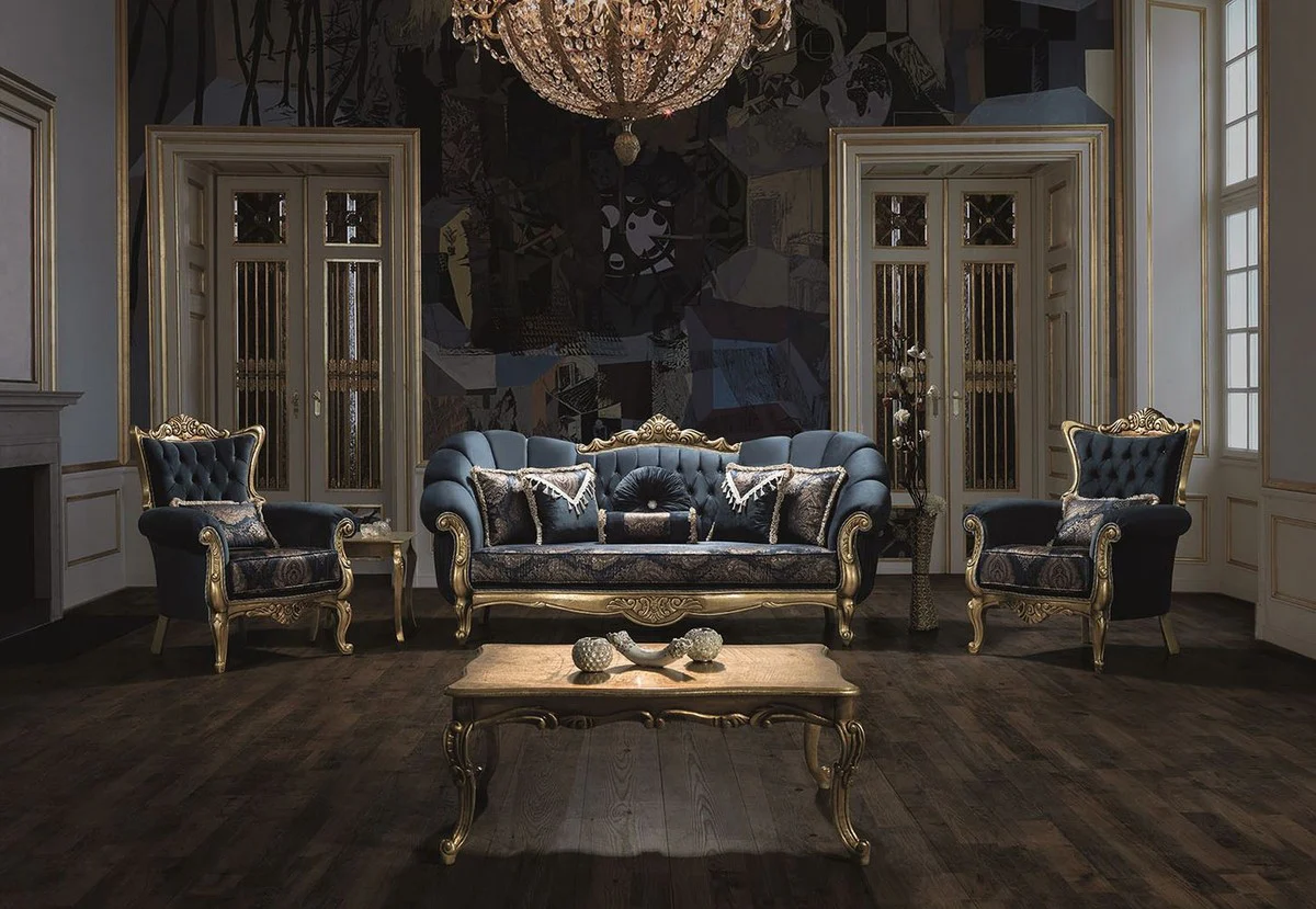 Luxury Baroque Living Room Set Blue / Gold - 2 Sofas & 2 Armchairs & 1 Coffee Table - Living Room Furniture - Noble & Magnificent