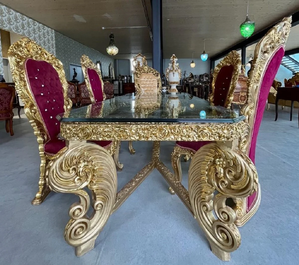 Baroque dining room set Bordeaux red / gold / black - 1 baroque dining table & 6 baroque dining room chairs - baroque dining room furniture - noble & magnificent