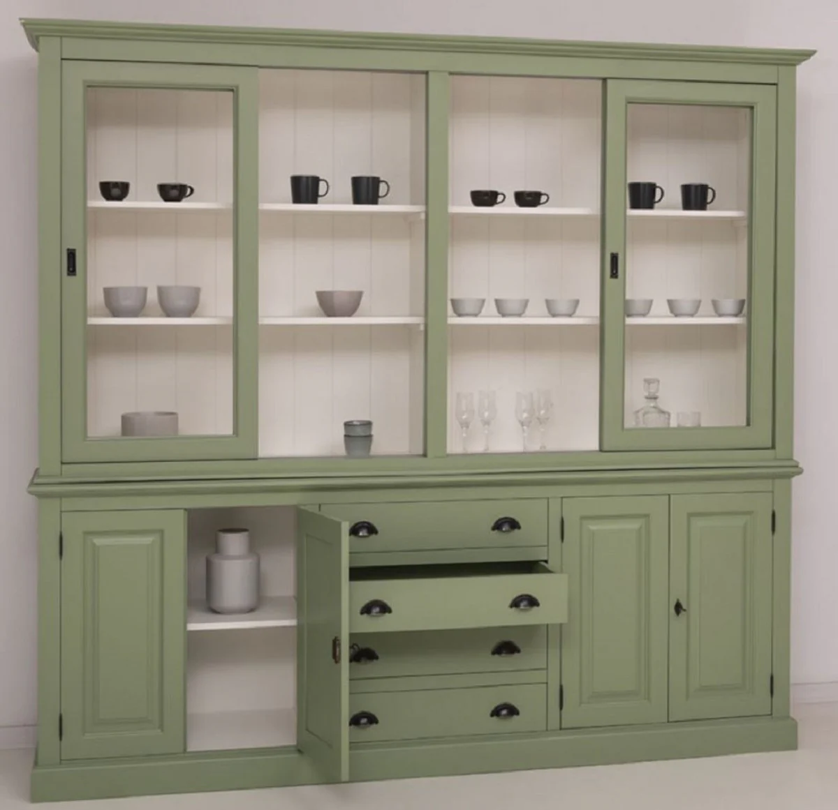 Country house style dining room cabinet green / white 240 x 47 x H. 220 cm - solid wood kitchen cabinet - dining room furniture in country house style - country house style dining room furnishings