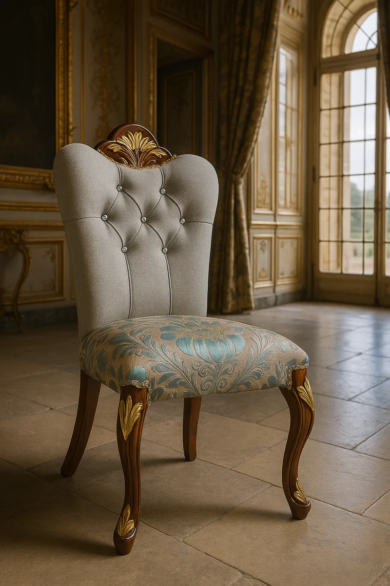 Luxus Barock Esszimmer Stuhl mit Glitzersteinen Grau / Türkis / Braun / Gold - Esszimmer Möbel im Barockstil - Luxus Möbel im Barockstil - Barock Möbel - Barock Interior