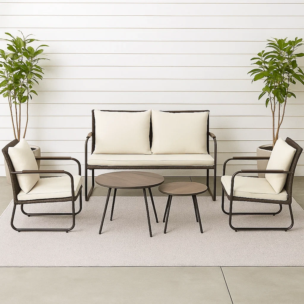 5-teiliges Gartenmöbelset mit Metallgestell und Rattansitzen, braun, mit cremefarbenen Kissen; bestehend aus einem runden Tisch (60 x 45 cm Durchmesser), zwei Stühlen (60 x 60 x 80 cm), einem Sofa (120 x 60 x 80 cm) und einem Beistelltisch (30 x 40 c