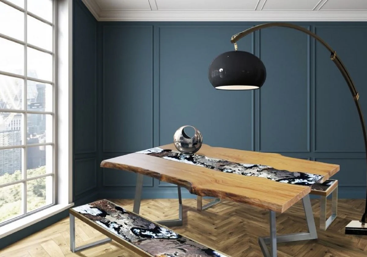 Luxury dining table natural colors / multicolored / silver 200 x 100 x H. 75 cm - modern solid wood table with elegant lava stone and stainless steel frame - dining room furniture - luxury quality