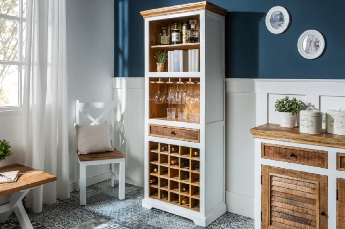Country house style wine cabinet white / natural colors 72 x 40 x H. 196 cm - handmade solid wood bar cabinet - bar furniture in country house style