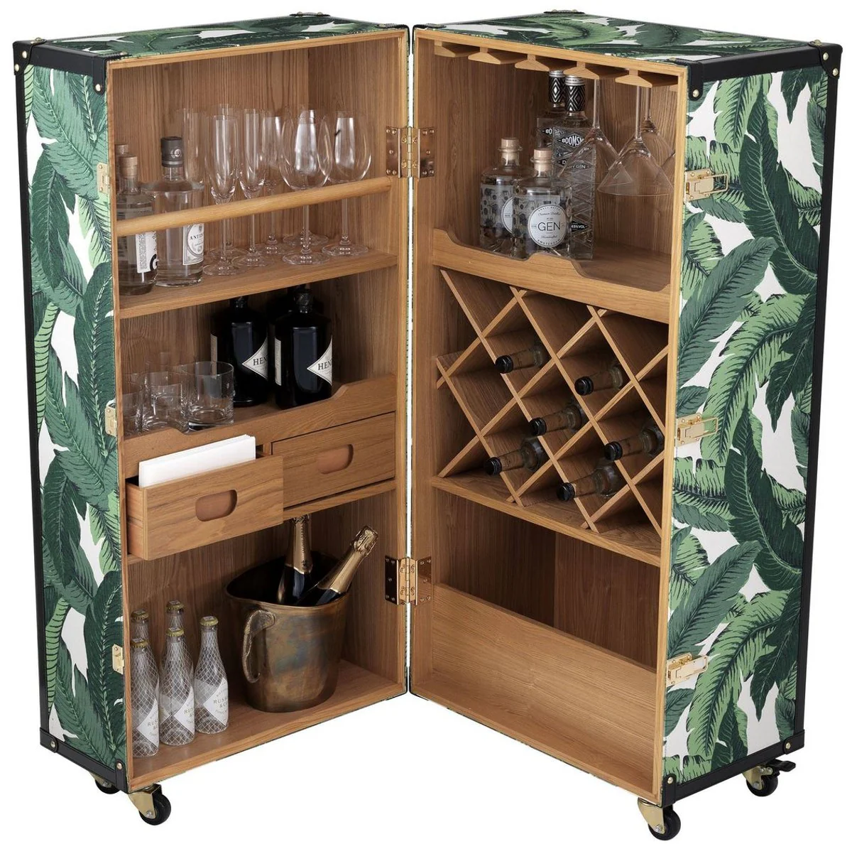 Luxury wine cabinet with wheels green / white / black / gold 58 x 58 x H. 122 cm - cocktail cabinet - suitcase cabinet in a retro look - bar cabinet in a vintage suitcase design