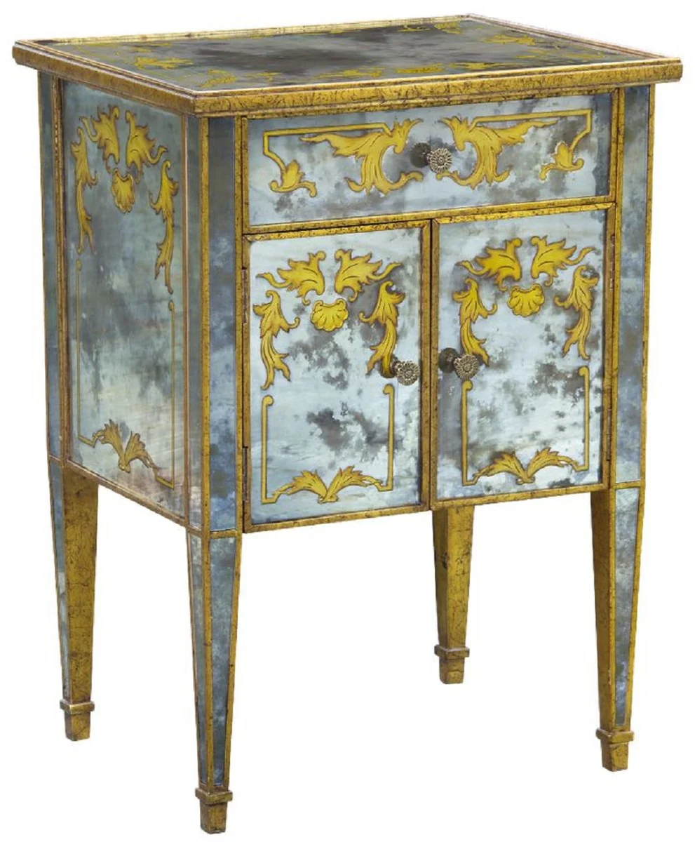 Luxury Baroque chest of drawers antique gold / gold 52 x 41 x H. 71 cm - Mirrored mahogany bedside table - Night chest of drawers - Baroque furniture
