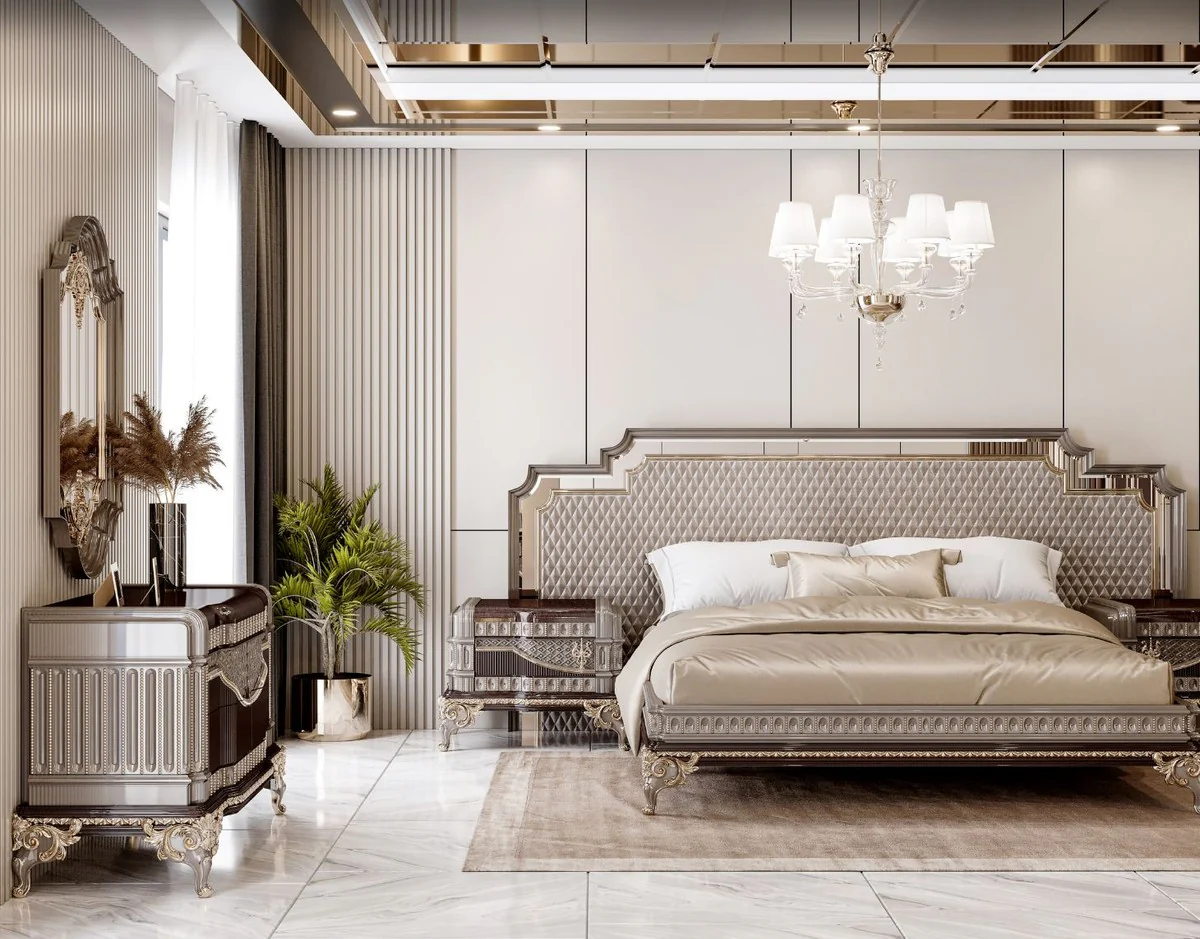 Luxury baroque chest of drawers with wall mirror dark brown / gray / gold