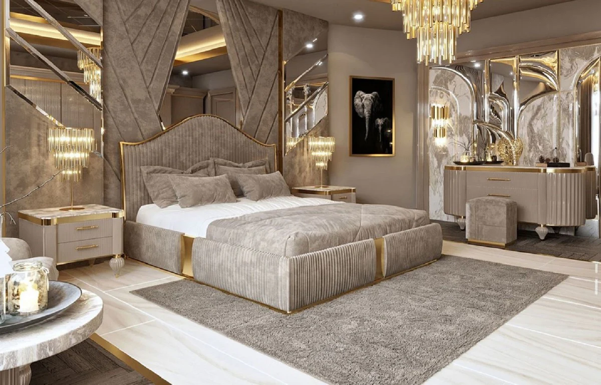 Luxury Art Deco Bedroom Set Gray / White / Gold - 1 Double Bed with Headboard & 2 Nightstands - Art Deco Bedroom & Hotel Furniture - Luxury Collection