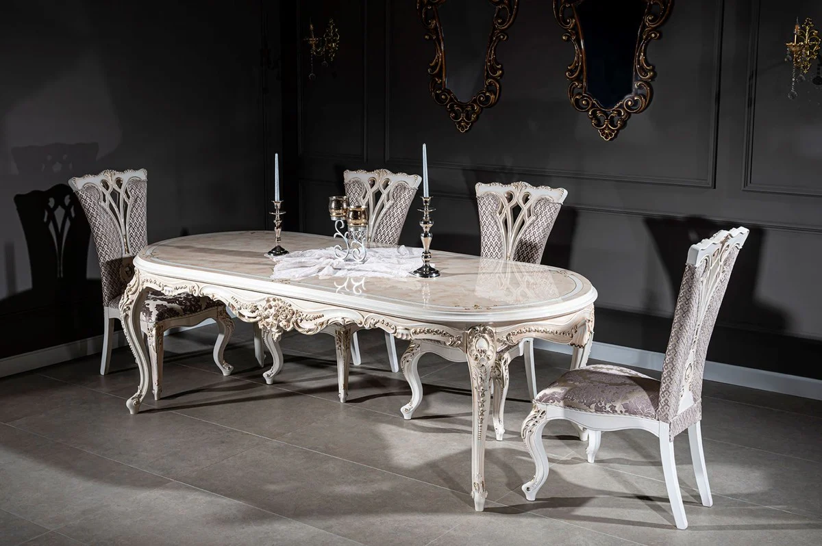 Luxury Baroque Dining Room Chair Set Purple / Beige / White / Gold 57 x 65 x H. 113 cm - Kitchen Chairs Set of 6 - Magnificent Baroque Dining Room Furniture