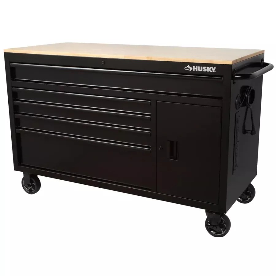56 IN W 5-DRAWER 1-DOOR, DEEP TOOL CHEST MOBILE WORKBENCH IN GLOSS BLACK MIT HARDWOOD TOP