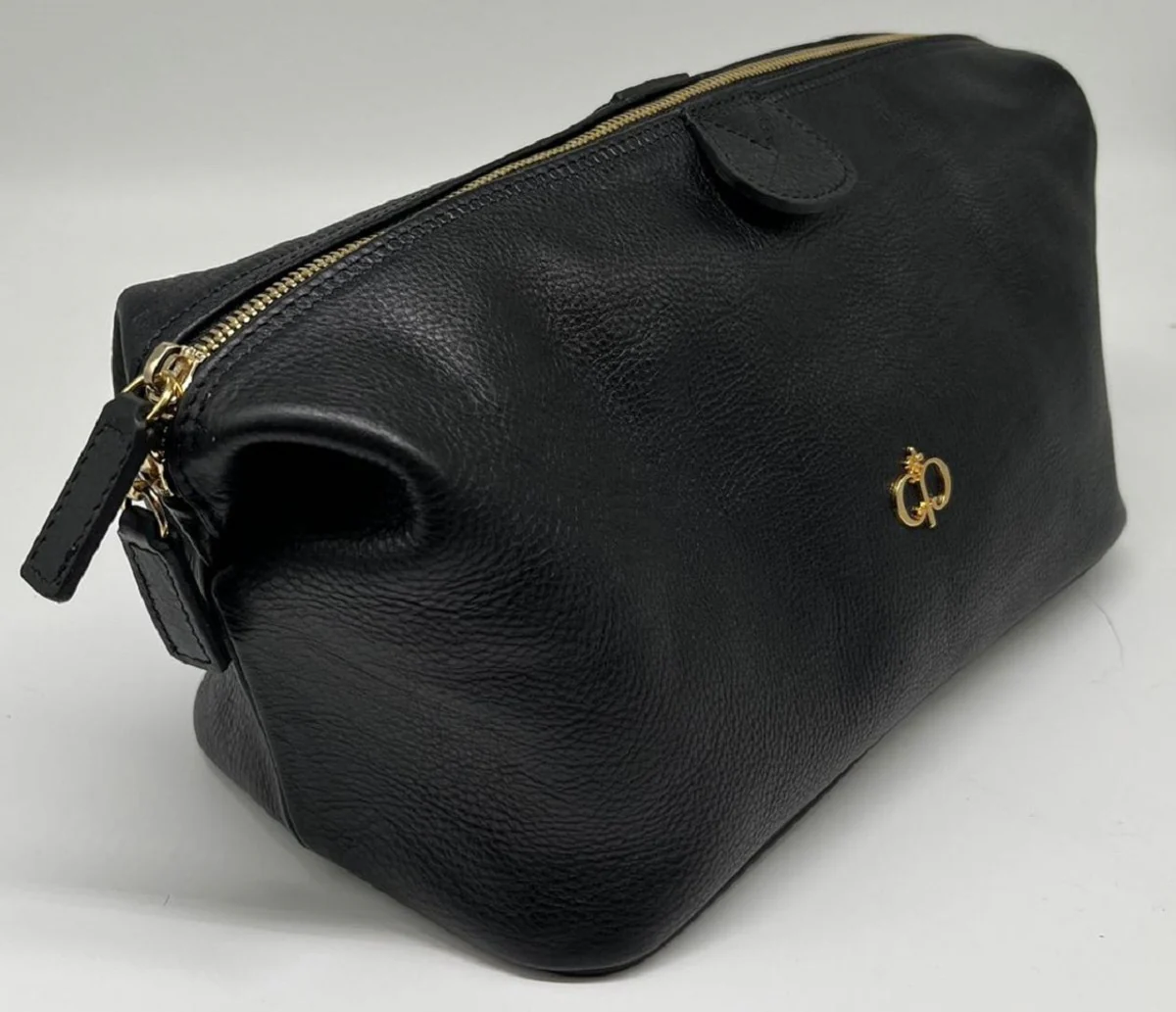 Luxus Echtleder Kosmetiktasche Schwarz / Gold 28 cm - Made in Italy