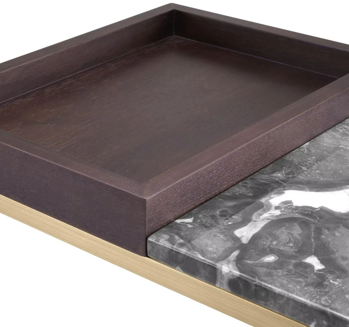 Luxury side table brass / brown / gray 70 x 40 x H. 35 cm - Rectangular brass table with walnut veneer and marble top - Living room furniture - Luxury furniture - Luxury furnishings