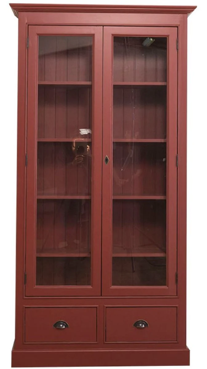 Country house style living room display cabinet Bordeaux red 109 x 39 x H. 210 cm - living room cabinet with 2 glass doors and 2 drawers