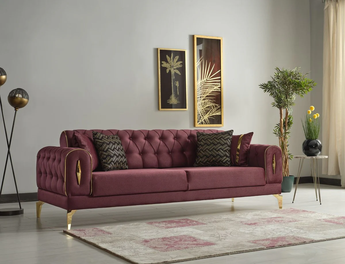 Luxury sofa bed wine red / gold 225 x 95 x H. 83 cm - Living room sofa with 4 cushions - Luxury living room furniture