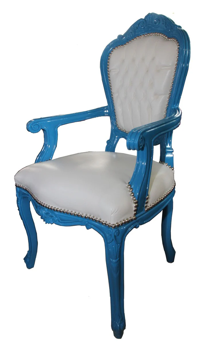 Baroque dining room chair blue / white leather look with armrests