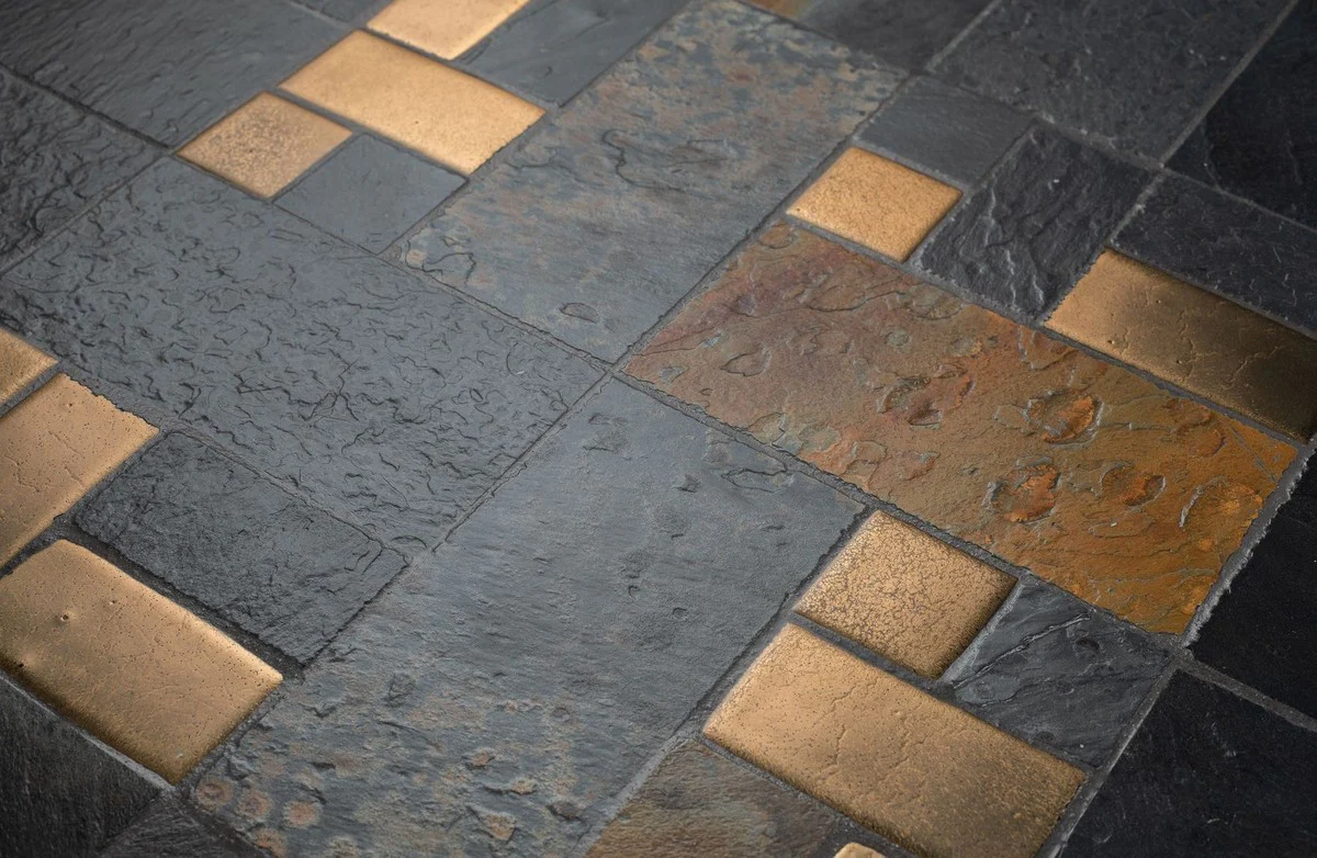 Luxury dining table multicolored / black Ø 120 x H. 76 cm - round kitchen table with slate slabs and ceramic tiles