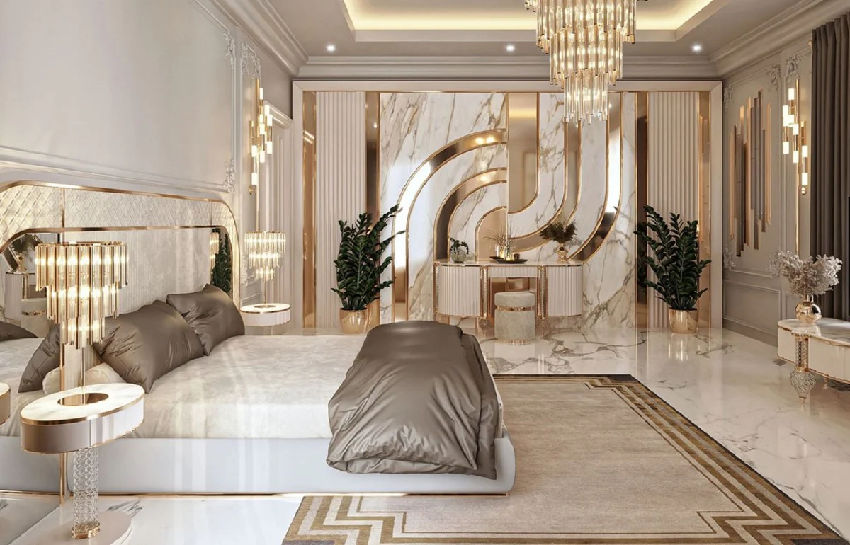 Luxury Art Deco dressing table cream / white / gold 188 x 60 x H. 89 cm - Dressing table with artificial marble top - Art Deco bedroom furniture - Luxury bedroom furniture