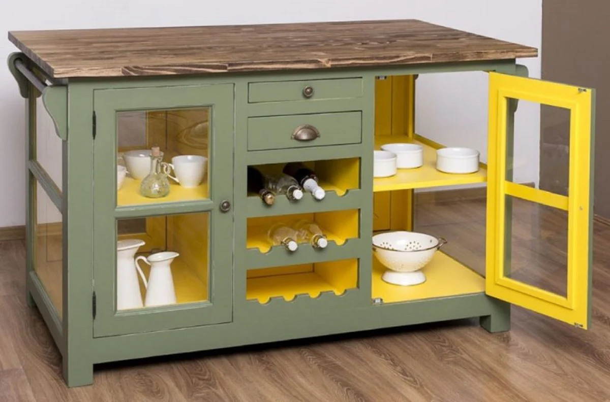 Country house style kitchen island green / yellow / brown 150 x 90 x H. 90 cm - solid wood kitchen cabinet - country house style solid wood kitchen furniture - solid wood dining room furniture in country house style