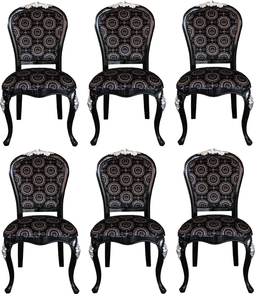 Pompöös by Luxury Baroque Dining Room Chairs with Crown Black / Silver - Pompöös Baroque Chairs designed by Harald Glööckler - 6 Dining Room Chairs - Baroque Dining Room Furniture