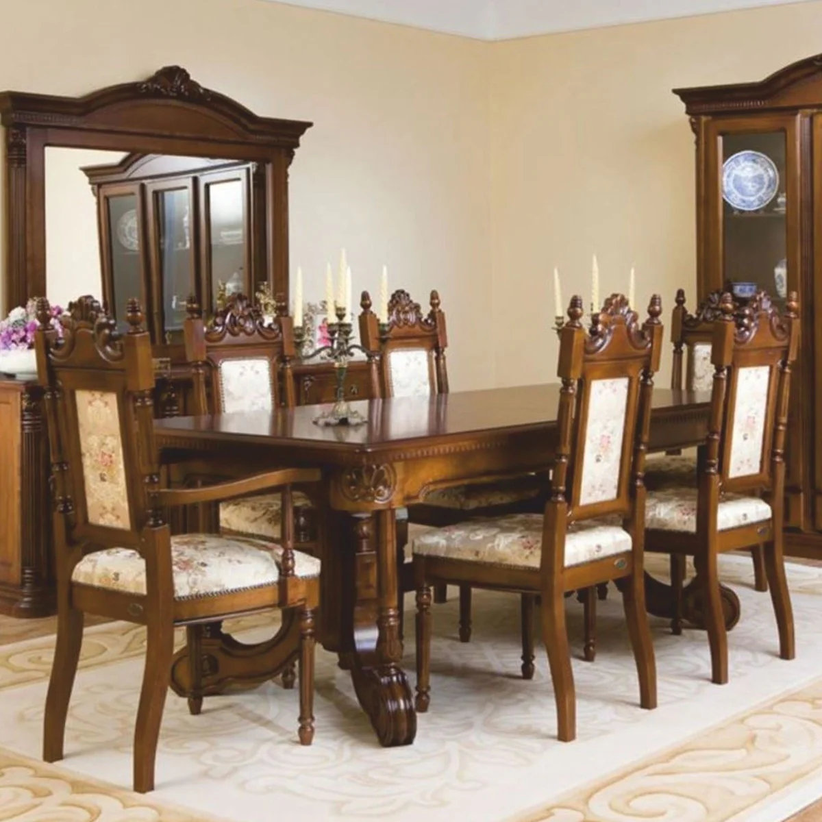 Luxury Baroque Dining Room Set Brown / Cream - 1 extendable dining table & 6 chairs