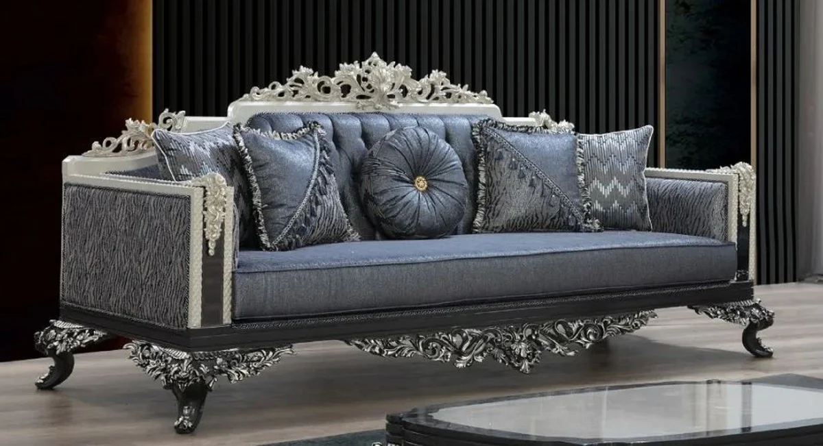 Luxury Baroque Sofa Blue / Gray / White / Black / Silver - Magnificent Living Room Sofa with Elegant Pattern - Baroque Living Room & Hotel Furniture - Noble & Magnificent