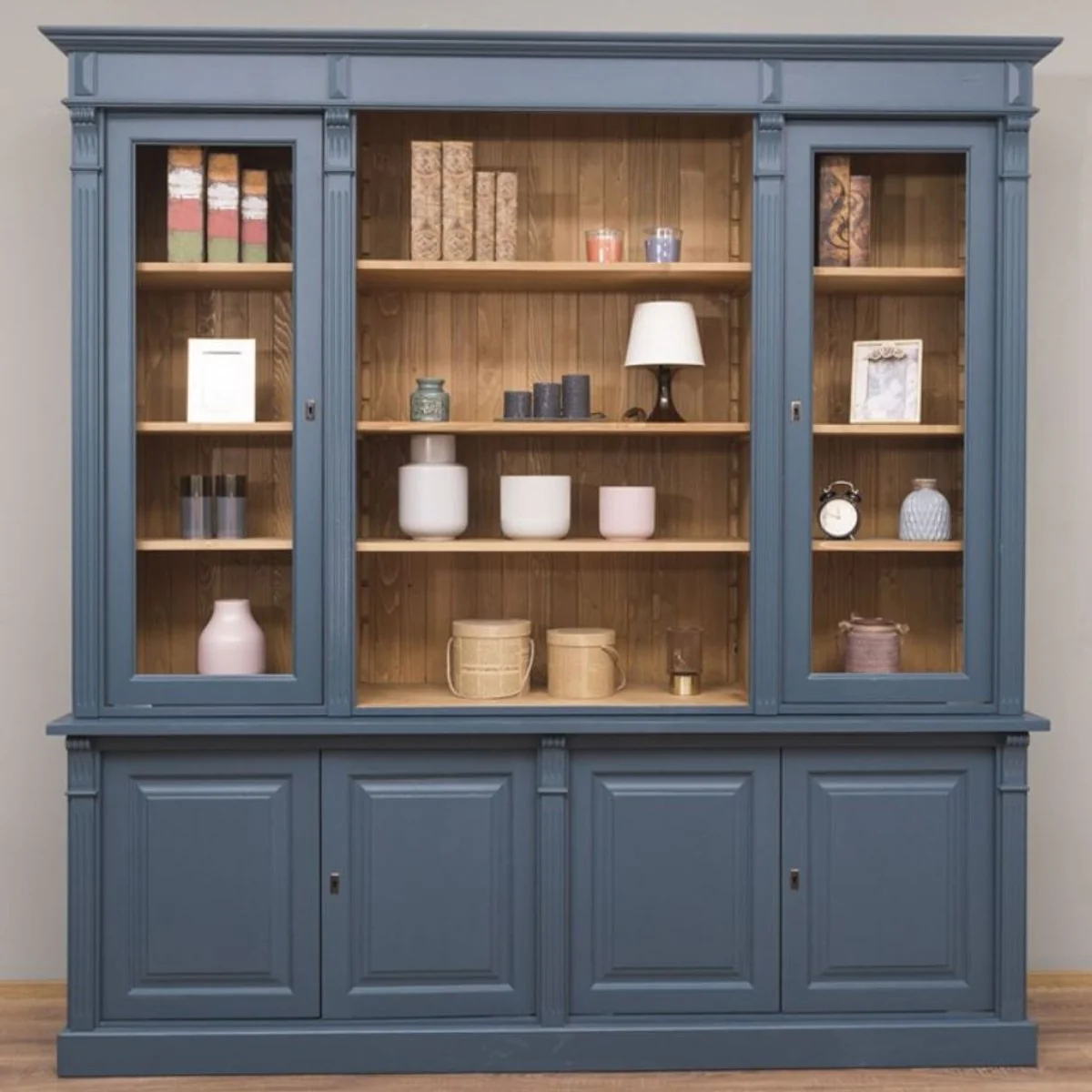 Country house style living room cabinet blue / natural colors 223 x 51 x H. 228 cm - solid wood cabinet - bookcase - shelf cabinet - country house style furniture
