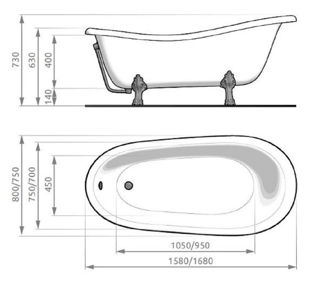 Art Nouveau bathtub white / silver 168 cm - Freestanding retro style bathtub