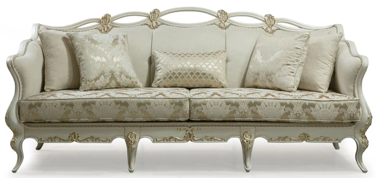 Luxury Baroque Sofa Cream / White / Gold - Handmade Living Room Sofa with Decorative Pillows - Living Room Furniture in Baroque Style - Noble & Magnificent