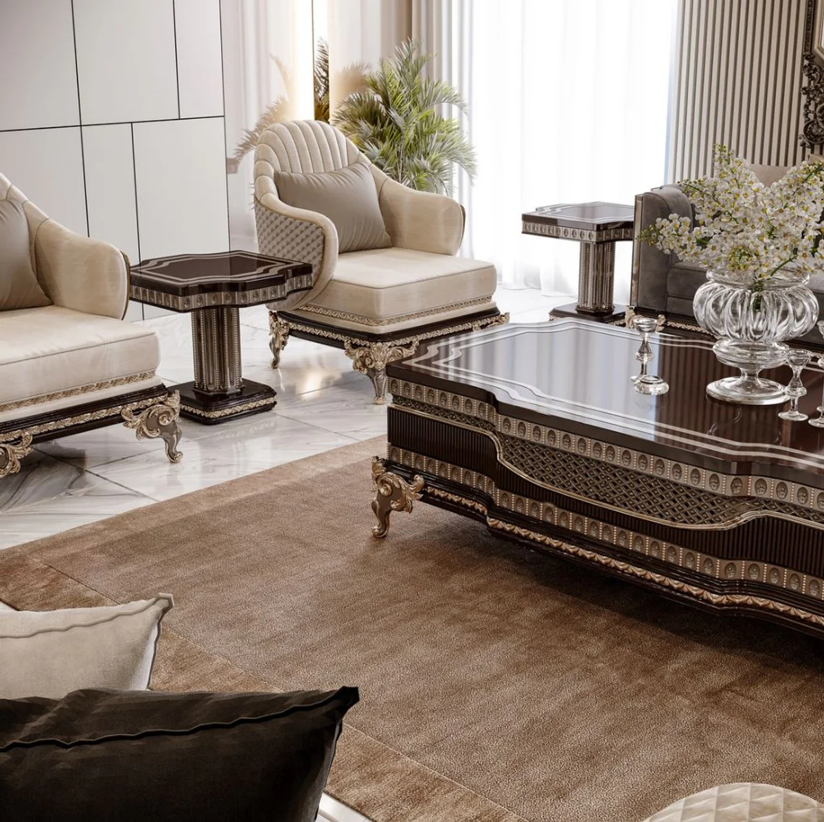 Luxury baroque coffee table dark brown / gray / gold 156 cm