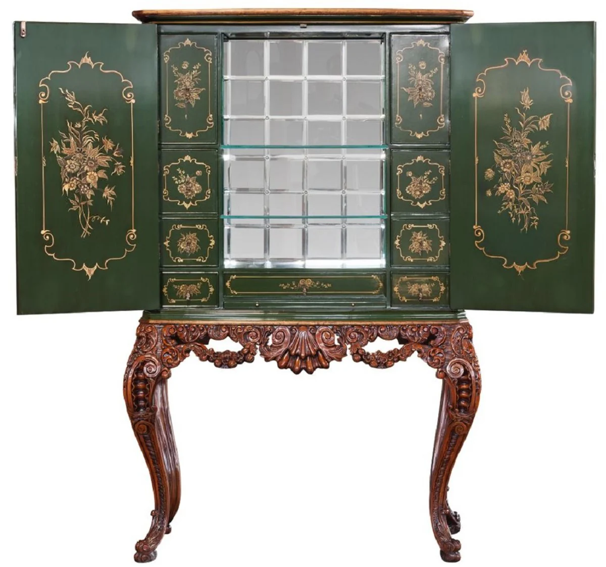 Luxury baroque bar cabinet green / brown / multicolored / gold - magnificent solid wood cabinet with LED lighting - baroque living room furniture - baroque bar furniture - baroque hotel furniture