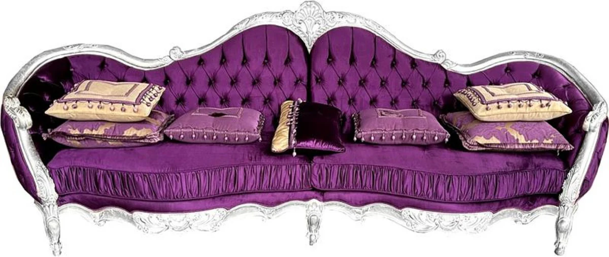 Luxury Baroque Sofa Purple / Silver - Handcrafted Living Room Sofa with Elegant Satin Fabric - Baroque Furniture - Noble & Magnificent