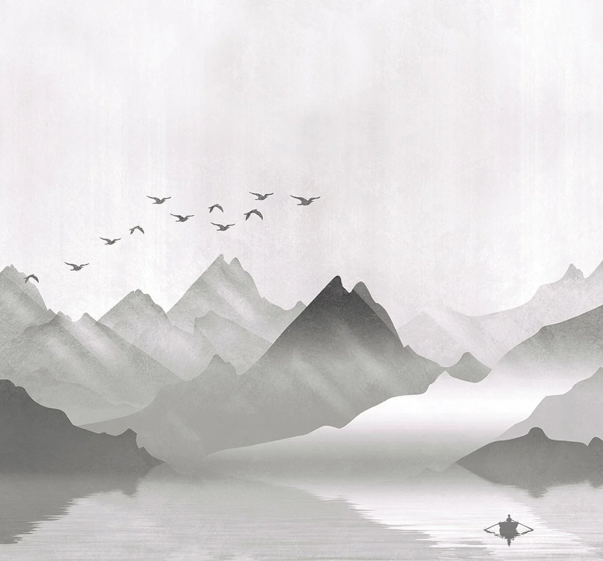 Luxus Vorhang Set Gebirge mit See Grau 250 x H. 290 cm - Bedruckte Leinen & Samt Vorhänge - Ösenvorhänge - Schiebevorhänge - Edle Wohnzimmer Schlafzimmer Vorhänge