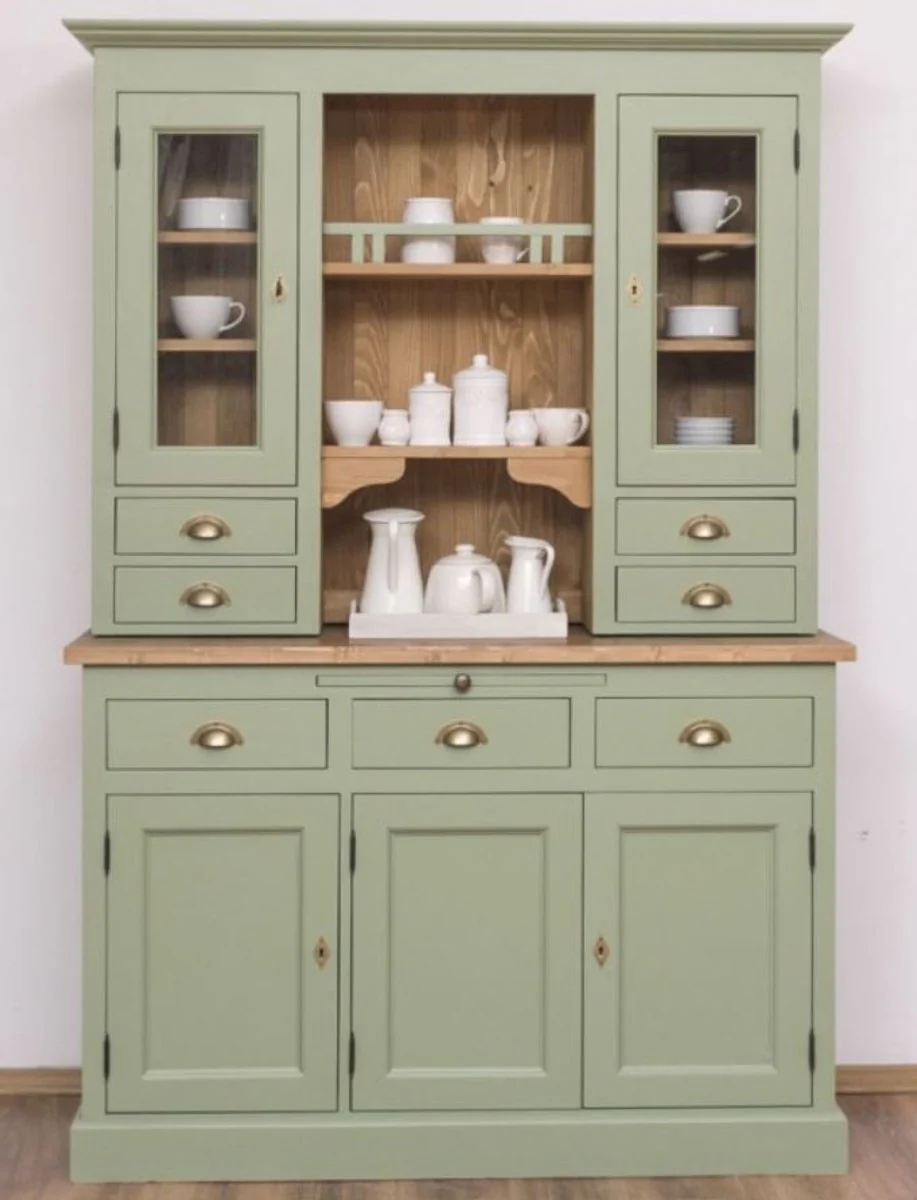 Country house style kitchen cabinet green / brown 137 x 50 x H. 197 cm - 2-part kitchen cabinet with 5 doors and 7 drawers - country house style kitchen furniture