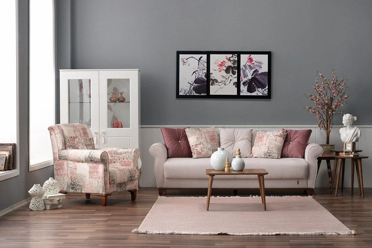 Designer Bergere Sessel Stuttgart Weiß/Rose Muster - Hotel Möbel