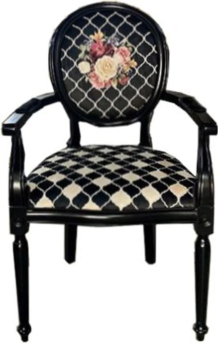 Luxury Baroque Dining Room Chair Black / White / Multicolored - Handmade Antique Style Chair with Armrests - Dining Room Furniture in Baroque Style