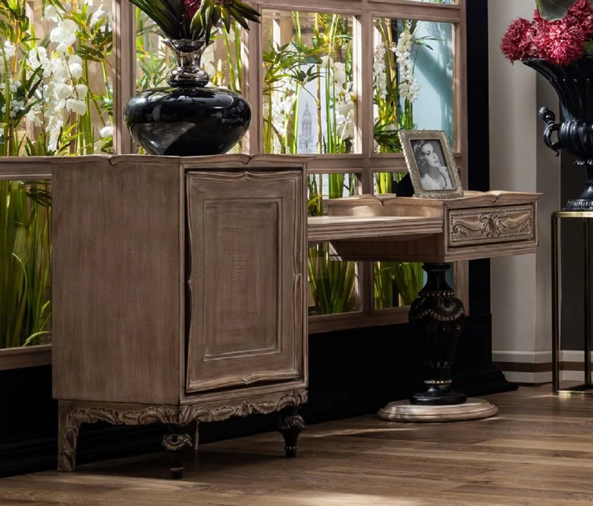 Luxury Baroque Bedroom Chest of Drawers with Door and Drawer Natural Colors / Black / Gold - Baroque Bedroom Furniture - Noble & Magnificent