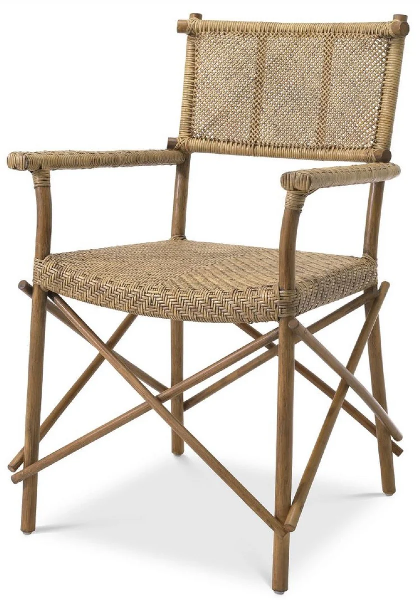 Luxury dining room chair natural colors 58.5 x 55.5 x H. 91.5 cm - solid wood chair with armrests and hand-woven rattan weave - luxury dining room furniture
