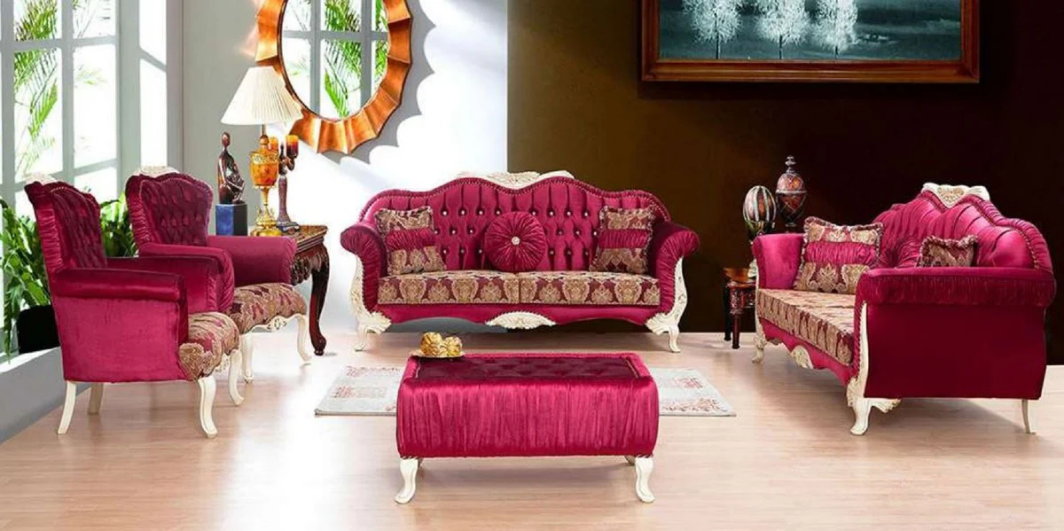 Luxus Barock Wohnzimmer Set Bordeauxrot / Weiß / Gold - 2 Sofas mit Muster & 2 Sessel mit Muster & 1 Couchtisch - Prunkvolle Barock Wohnzimmer Möbel