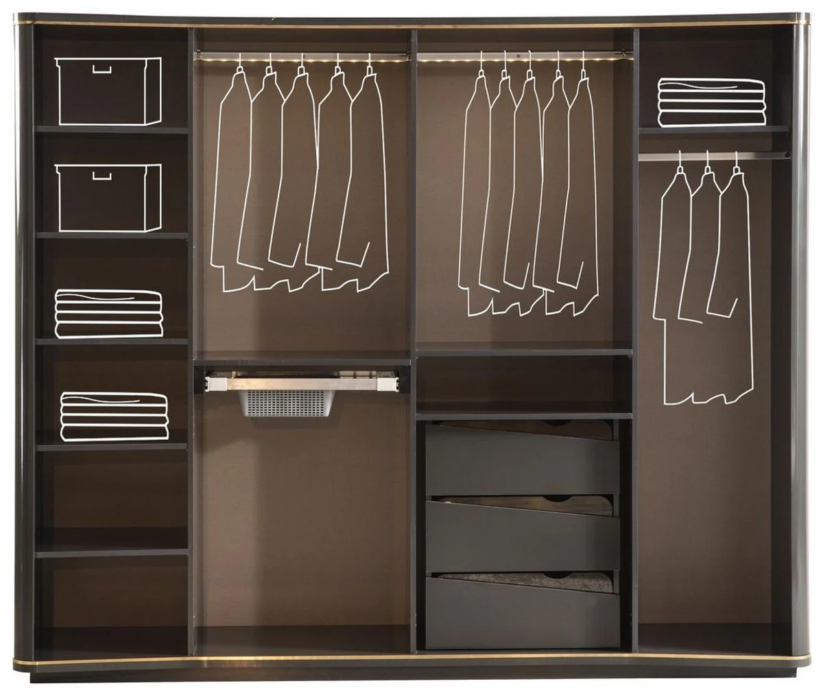 Luxury Art Deco bedroom wardrobe gray / gold 265 x 67 x H. 220 cm - Elegant solid wood wardrobe with 6 mirrored doors - Bedroom furniture - Luxury quality