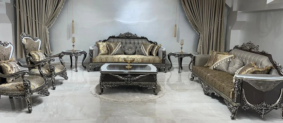 Luxus Barock Wohnzimmer Set Silber / Gold / Weiß / Schwarz / Silber - 2 Barock Sofas & 2 Barock Sessel & 1 Barock Couchtisch - Luxus Wohnzimmer Möbel im Barockstil - Barock Möbel