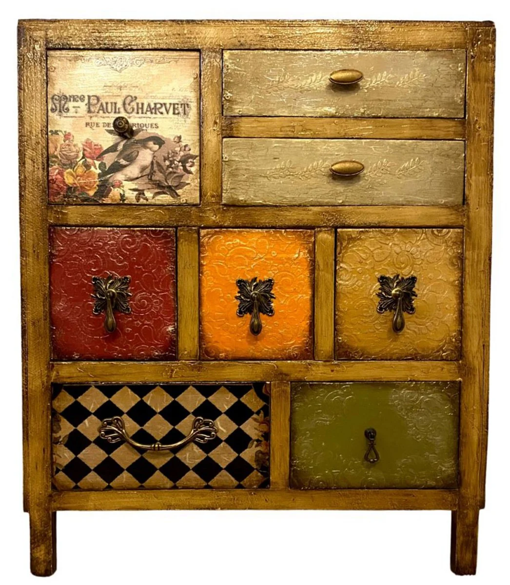 Luxury country house style chest of drawers brown / multicolored - handmade solid wood cabinet with 8 drawers - country house style furniture